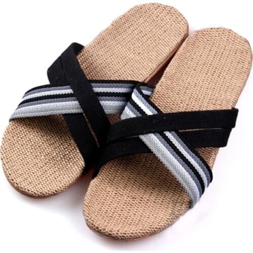 Mens Fashion Crossing Hemp Slides Home Striped Linen Slippers Wholesale Breathable EVA Flip Flops Couples Casual Flax Sandals
