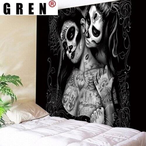 GREN Tapestry Skeleton Couple Love Wall Hanging Fabric Background Wall Rugs Covering Fabric Blanket Dorm Living Home Decor