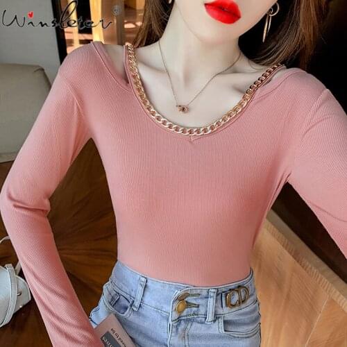 Spring Fall Korean Style Short T-Shirt Girl Fashion Chain Sexy Off Shoulder Women Tops Long Sleeve Bottoming Shirt Tees T11703A