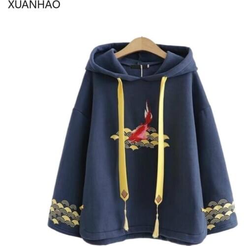 XUANHAO Navy Blue Koi Embroidery Hooded SweatshirtsHarakuju Long Sleeve Drawstring Hoodies Thick Warm Mori Girls Sweet Pullovers