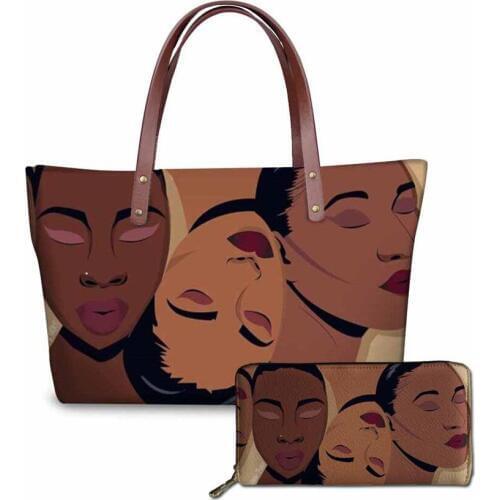 NOISYDESIGNS Females Top-Handle Bags for Women Black Art African Girls Printing 2pcs/set Handbags&Wallet Ladies Fashion Hand Bag