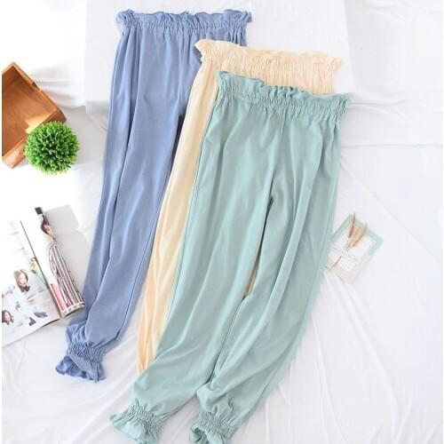Ladies Autumn Summer Sleep Bottoms Solid Elastic Waist Sleeping Pants Loose Cotton Pijamas Women Sleepwear Womans Lounge Wear