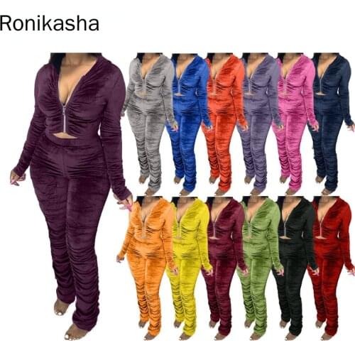 Ronikasha Women Velour Sweatsuits Sexy Ruched 2 Piece Outfits Hoodie Jackets Sweatpants Joggers Sets Velvet Track Suits