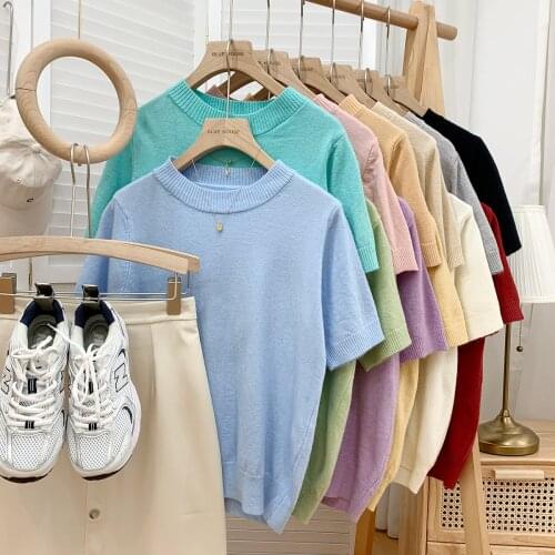 2021 Summer Ladies Comfortable Soft Round Neck Short Sleeve Sweater Pure Color Korean Daily Wear Casual Bottoming Top T-shirt