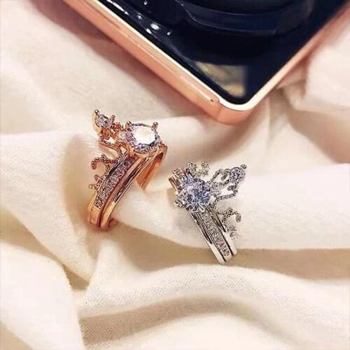 New Fashion Crystal Zircon Crown Rings Bridal Party Wedding Romantic Ring Delicate Elegant Women Jewelry Valentines Day Gift