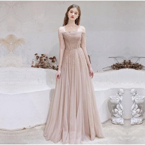 Gorgeous Evening Dresses 2021 Nude Pink Sexy Off Shoulder Beaded Beading Sequined Long Sleeve Formal Gown