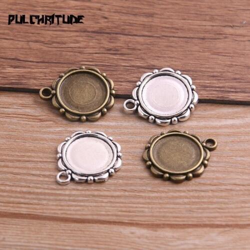 10pcs 14mm Inner Size Antique Bronze And Silver color Flower Style Cabochon Base Cameo Setting Charms Pendant T6764