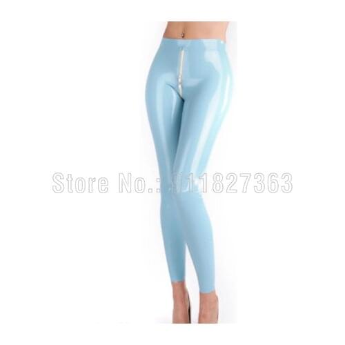 100% Latex Leggings Lake Blue Sexy Rubber Pants Trousers Bottoms w Front Crotch Zippers Customized
