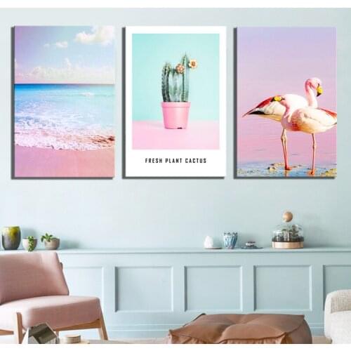 3 Piece Nordic Style Home Decor Decorative Paintings Phoenicopteridae Flower Seascape Poster Artwork Canvas Paintings