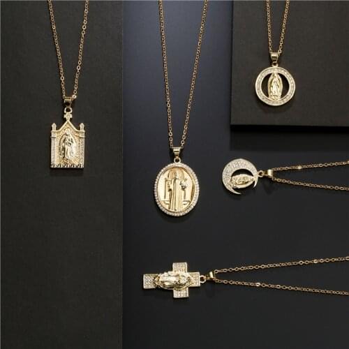 Gold Color Copper Cross Virgin Mary Pendant Necklace For Women Men 11 Style Cubic Zirconia Christian Jewelry Femme Bijoux