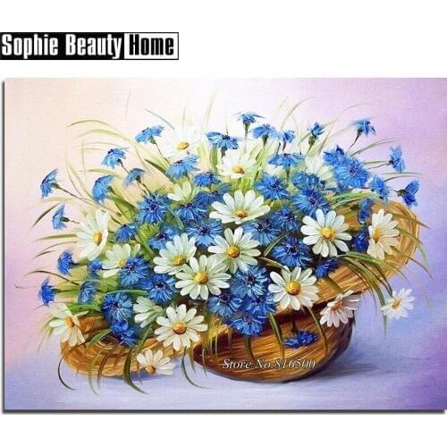 DIY 5D Diamond Painting Cross Stitch Flowers Blue Chrysanthemum In Hat Needlework Full Diamond Mosaic Diamond Embroidery 188277
