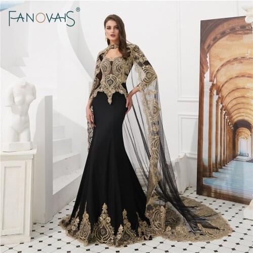 Elegant Evening Dresses Long Sleeves Dubai Beaded Lace Prom Dress 2018 Women Evening Gown with Cape Vestido de Fiesta NS7