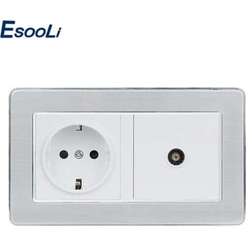 Esooli 16A Russia Spain EU Standard Power Socket Grounded With Female TV Jack Stainless Steel Brushed Panel Wall Outlet