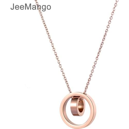 JeeMango Love Two Circle Double Buckle Pendant Necklaces Stainless Steel Rose Gold Sweater Chain Necklace For Women JN18235
