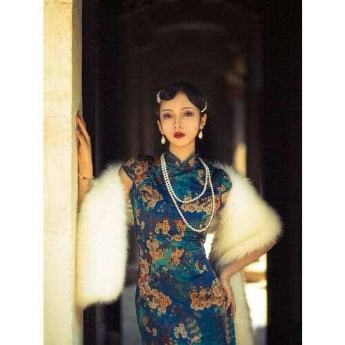 Chinese Dress Woman Blue Plus Large Size Qipao Printing Cheongsam Long Cheongsam Dress Traditional Retro Qipao Oriental Dress