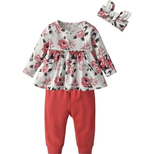 New Toddler Baby Girl indoor Clothes Set Floral Tops and Cotton Pants With Headband Fall Outfit Babies Casual Home Wear