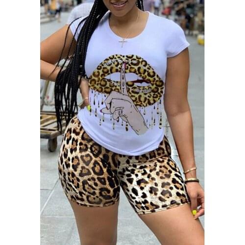 2Pcs Sets African Clothes for Women Leopard Summer Print Sexy Ladies T-Shirt Short Sleeve Tops Shorts Bodycon Slim Africa 2021