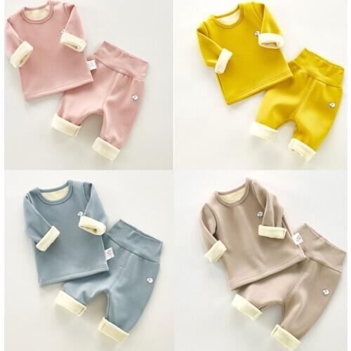 Toddler Girls Clothes Set Baby Boy Winter Plus Velvet Pajamas Set Casual Outfit Childrens Sports Suit Infant Kids Clothing 0-4Y