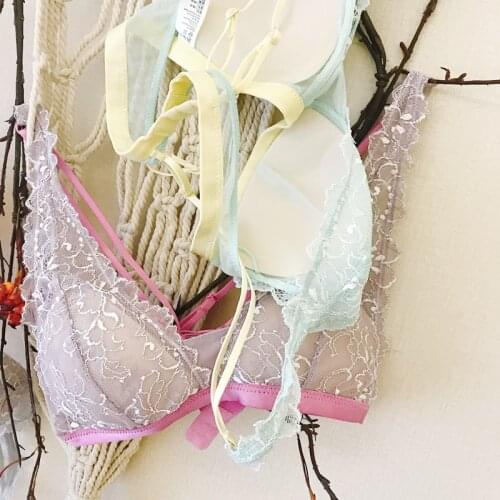 Candy-colored triangle cup bra briefs set without steel ring bralette thin beautiful back underwear feminine lace lingerie set