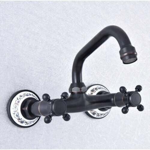 Oil Rubbed Bronze Swivel Spout Kitchen Sink Faucet / Wall Mounted Dual Cross Handles Bathroom Basin Mixer Taps Nsf728