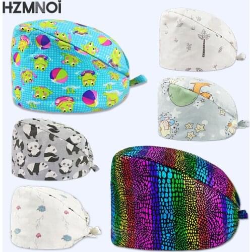 Fashion Cotton Cute Cartoon Print Nurse Cap Adjustable Scrub Hat Beauty Salon Nursing Cap Laboratory Pet Shop Fashion Scrub Cap