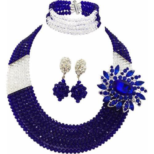 Fashion Royal Blue Clear AB Multi Strands Beads Necklace Sets Nigerian Wedding African Beads Jewelry Set Crystal 6-SS04