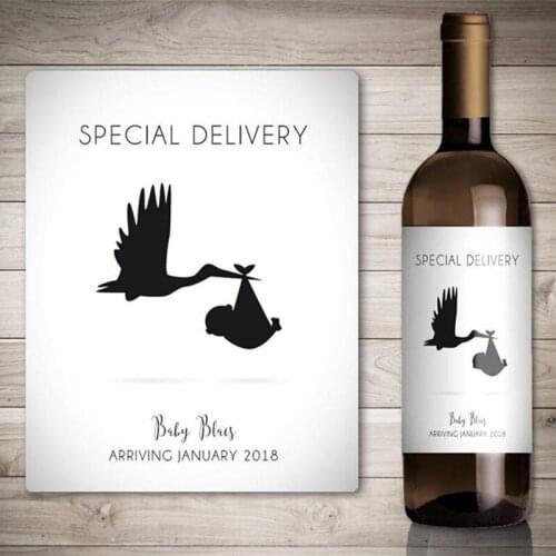 Custom Baby Announcement Wine Bottle Labels, Special Delivery Stork Baby Pregnancy Announcement Ideas Wine Label Stickers