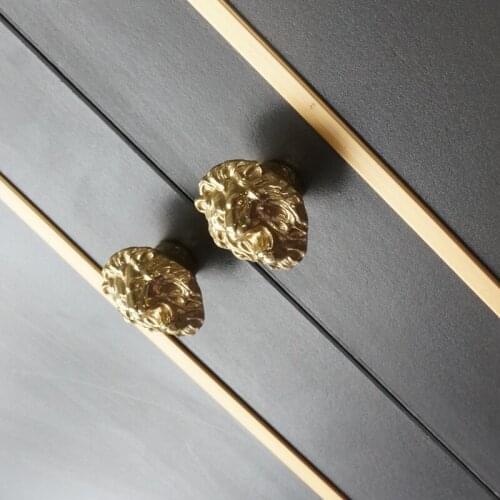 New Solid Brass Handle American Single Hole Animal Lion Head Door Wardrobe Shoe Cabinet Drawer Hammer Pulls Furniture Hardware