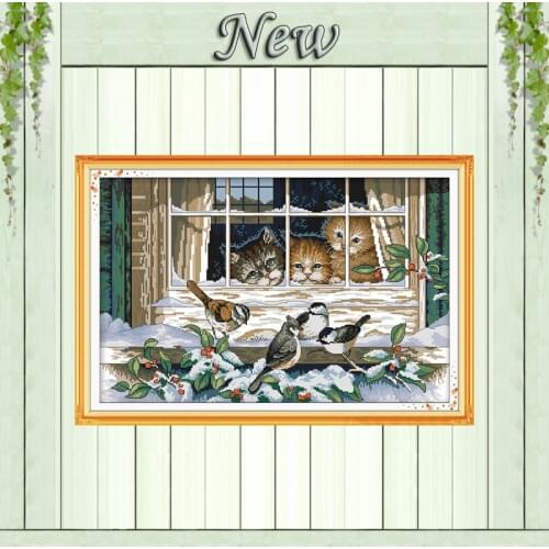 Landscape out of the window,Counted Print on canvas DMC 11CT 14CT Cross Stitch kit,Needlework Set Embroider,winter bird snow cat
