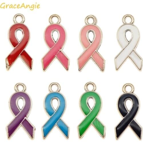 10pcs Mix Color Breast Cancer Awareness Ribbon Design CCB Plastic Keychain Cellphone Straps Jewelry Fiber Fring Bracelet Charms