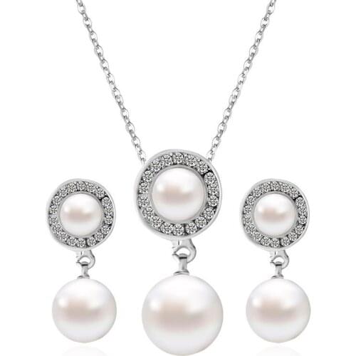 Luxury Female Crystal Round Jewelry Set Charm Silver Color Wedding Dangle Earrings For Women Dainty White Pearl Chain Necklace
