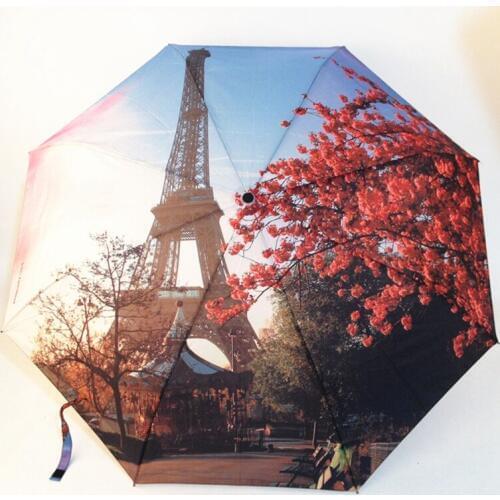 Paris Tower/Victoria Station Oil Painting Umbrellas Women 3 Folding Fashion Automatic Umbrella Anti-UV Sun/Rain Umbrella Parasol