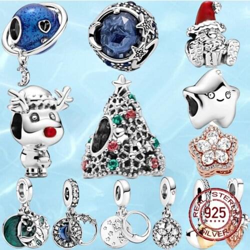 2021 Winter New 925 Sterling Silver Beads Stars and snowflakes Charm fit Original Pandora Bracelet Christmas Jewelry DIY Real