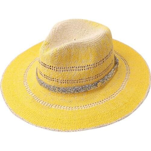 Women Straw Panama Fedora Sun Hat Gradient Rhinestone Chain Sunscreen Beach Cap 2020 Summer UV Protection Travel Cap
