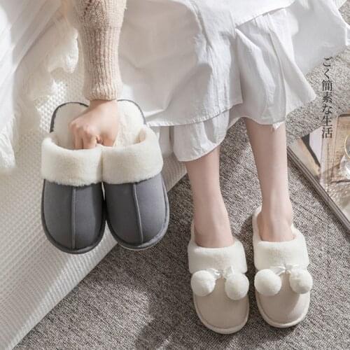 Luxury Faux Suede Home Women Full Fur Slippers Winter Warm Plush Bedroom Non-Slip Couples Shoes Indoor Ladies Furry Slippers