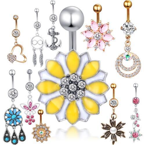 TIANCIFBYJS Belly Button Rings Flower Crystal Heart Steel Banana Bars 14G Navel Piercing Barbell Ring Body Jewelry Earrings 1pcs