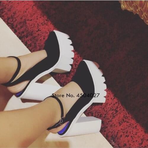 Mixed-color Pointed Toe Platform Pumps Ankle Strap Ladies Slingback Dress Chunky High Heel Shoes 14cm