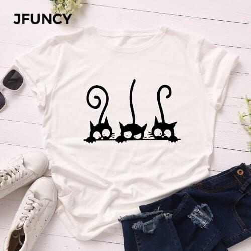 JFUNCY S-5XL Oversize Women T Shirt Female Short Sleeve Tees Cute Funny Cat Print Summer Woman Basic Tops Lady Girl T-shirts