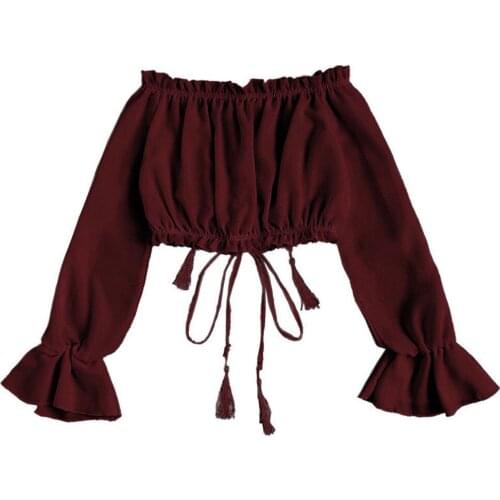 20# Women Summer Off Shoulder Chiffon Long Sleeve Print Blouse Tops Clothes Fashionable Womens Wear Comfortable Clothes