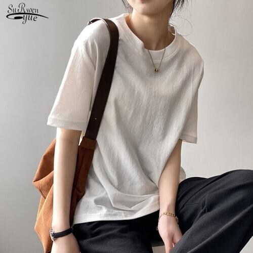 New 2021 Korean Loose Cotton Tees Women Short Sleeve T-shirt Summer Round Neck Tshirt Solid Casual Tee Shirt Blusas Mujer 13441