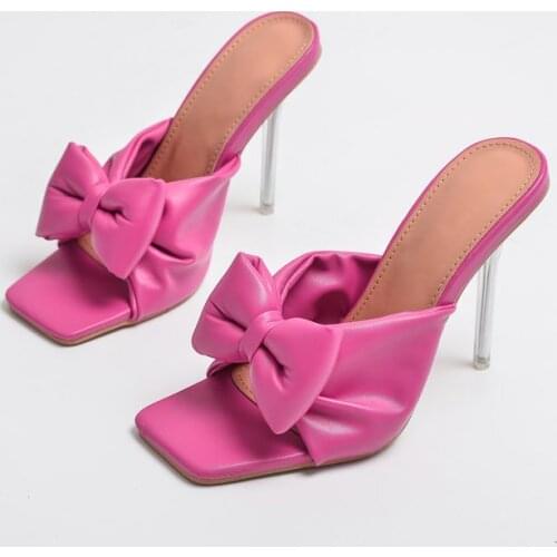 2021 Fashion Square Toe Big bow High Heels Shoes Women Slippers Leather Luxury Designer Ladies Street Beach Sandals Slides Shoes