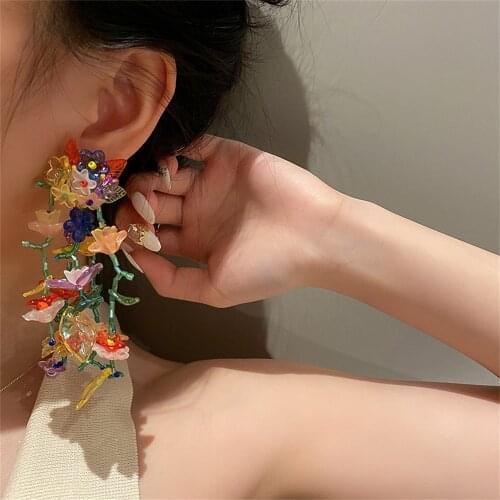 2021 New Popular Long Tassel Flower Stud Earrings for Women Cute Crystal Acrylic ​Party Jewelry Accessories Gift