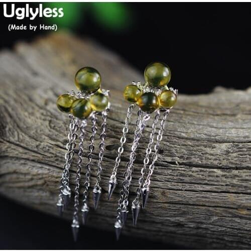 Uglyless Nature Gradient Mexico Amber Earrings for Women Multi Chains Tassel Ethnic Dress Earrings Real 925 Silver Brincos E1731