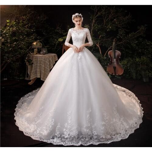 2021 New Luxury Long Lace Dresses Applique With Sleeve Royal Train princess Wedding Dress Embroidery Bride Dress Plus Size Novia