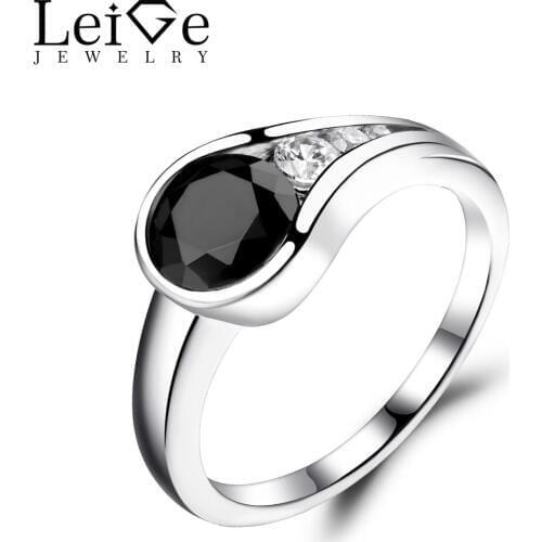 Leige Jewelry Black Spinel Ring for Women Black Gemstone Ring Wedding Engagement Round Cut Bezel Setting Sterling Silver 925