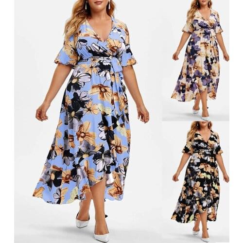 Plus Size Irregular Dress Women Fashion V-Neck Bandage Floral Printing Dresses Ladies Short Sleeve Large Size Maxi Dress vestido