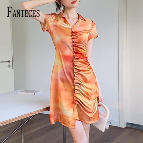 FANIECES Ruched Shirt Mini Dresses For Women Summer Short Sleeve Lapel Straight Dress Orange Die Dye Folds Long Blouses NRJ9573