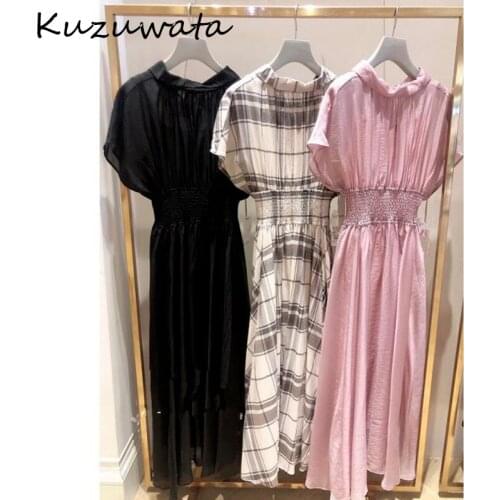 Kuzuwata 2021 Early Autumn New Women Dresses Stand Collar Drawstring Ruffle Sleeve Slim Waist Pleated Vestidos Teleperament Robe