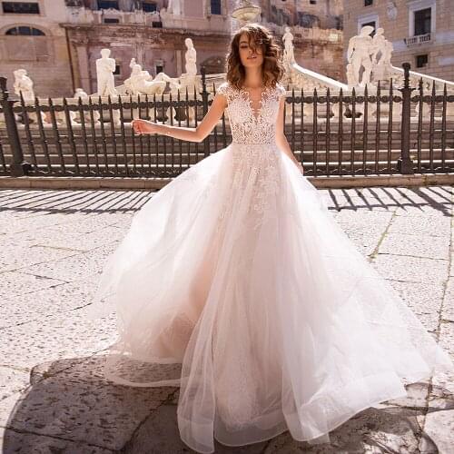 Sukienka Na Wesele Elegant Tulle Wedding Dress Cap Sleeve Hochzeitskleid Illusion Back Trouwjurk Beading Appliques Robe Mariage