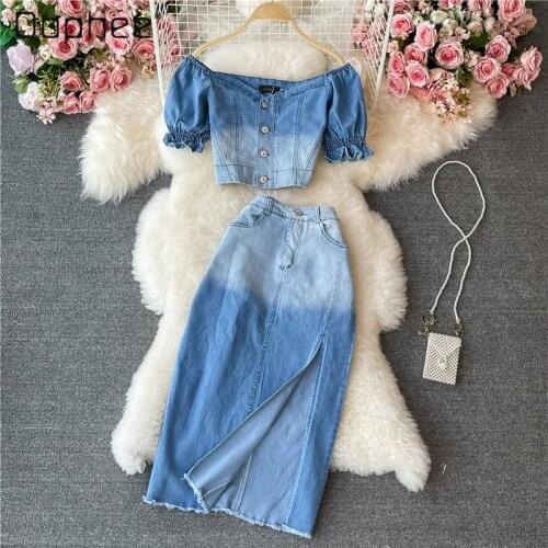 2021 Summer New High Waist A- Line Mid-Length Gradient Color Side Slit Skirt Cropped Denim Top Women Two-Piece Suit
